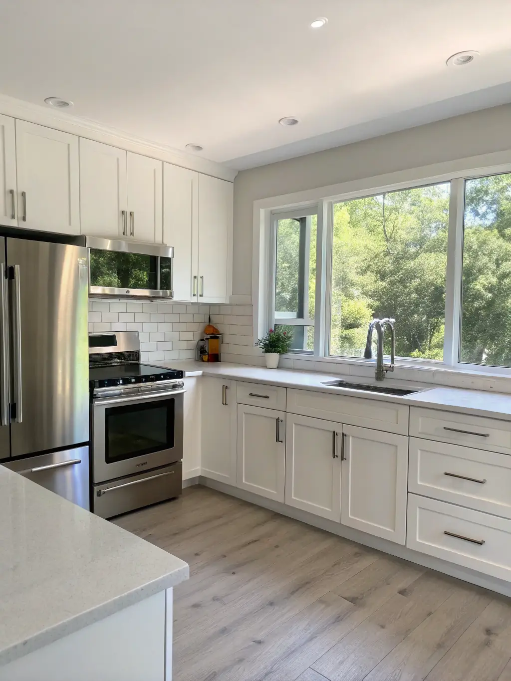 A modern kitchen with sleek cabinetry, stainless steel appliances, and a stylish backsplash, representing a contemporary kitchen finishing package.