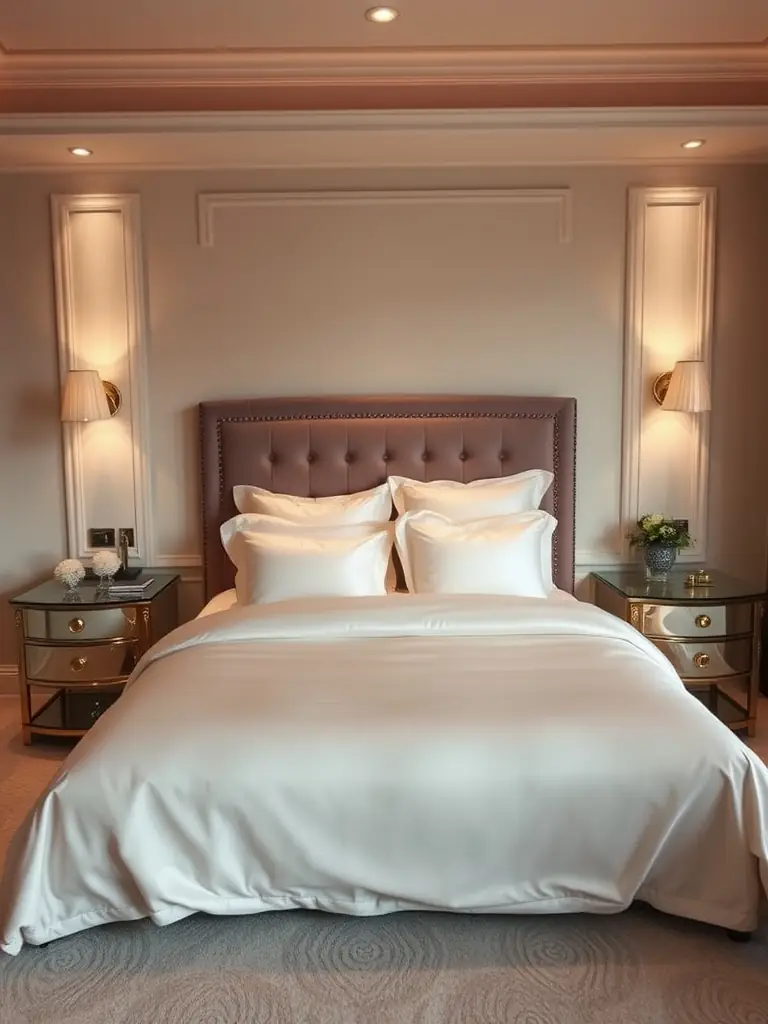 A sophisticated bedroom with plush carpeting, designer wallpaper, and custom window treatments, exemplifying a premium bedroom finishing package.