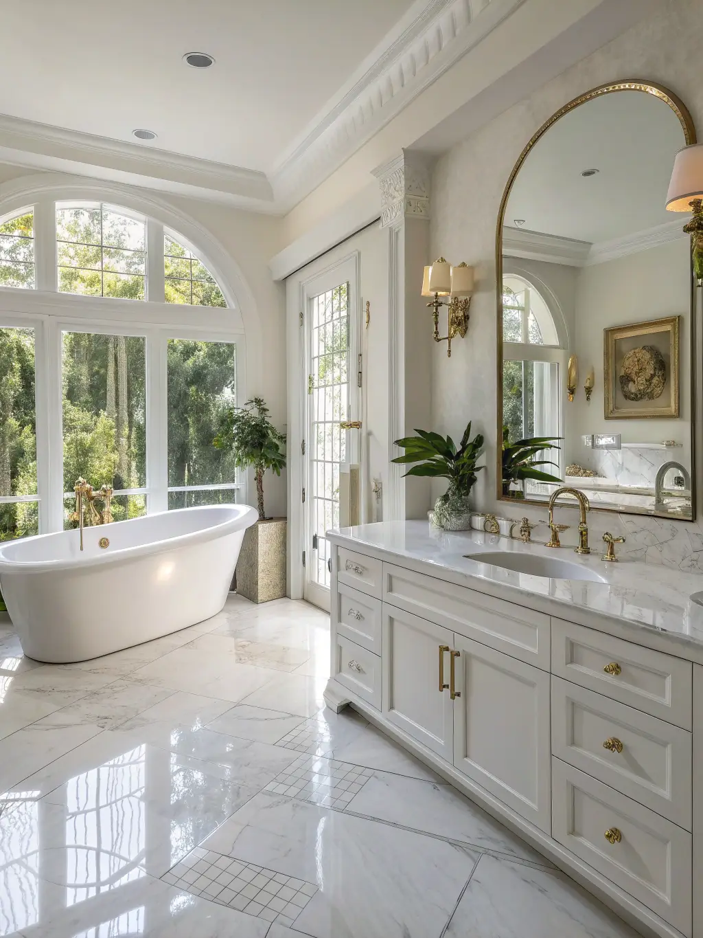 A high-end bathroom with marble finishes, modern fixtures, and elegant lighting, showcasing a luxurious finishing package.