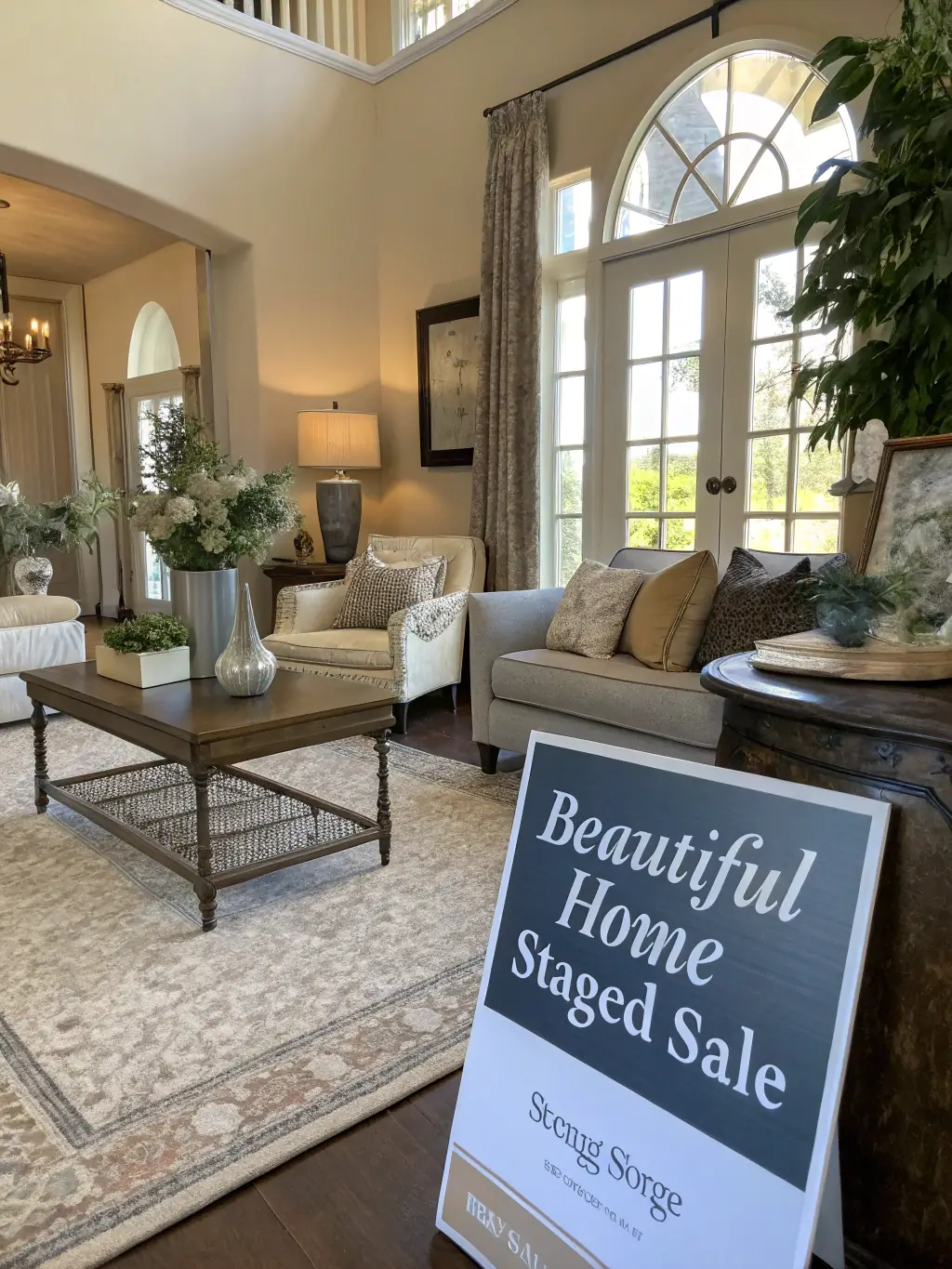 A beautifully staged living room with tasteful decor and optimal furniture arrangement, representing the Home Staging service.