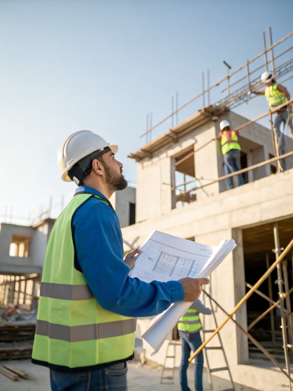 A project manager inspecting a construction site with modern tools and plans, illustrating the Supervision service.
